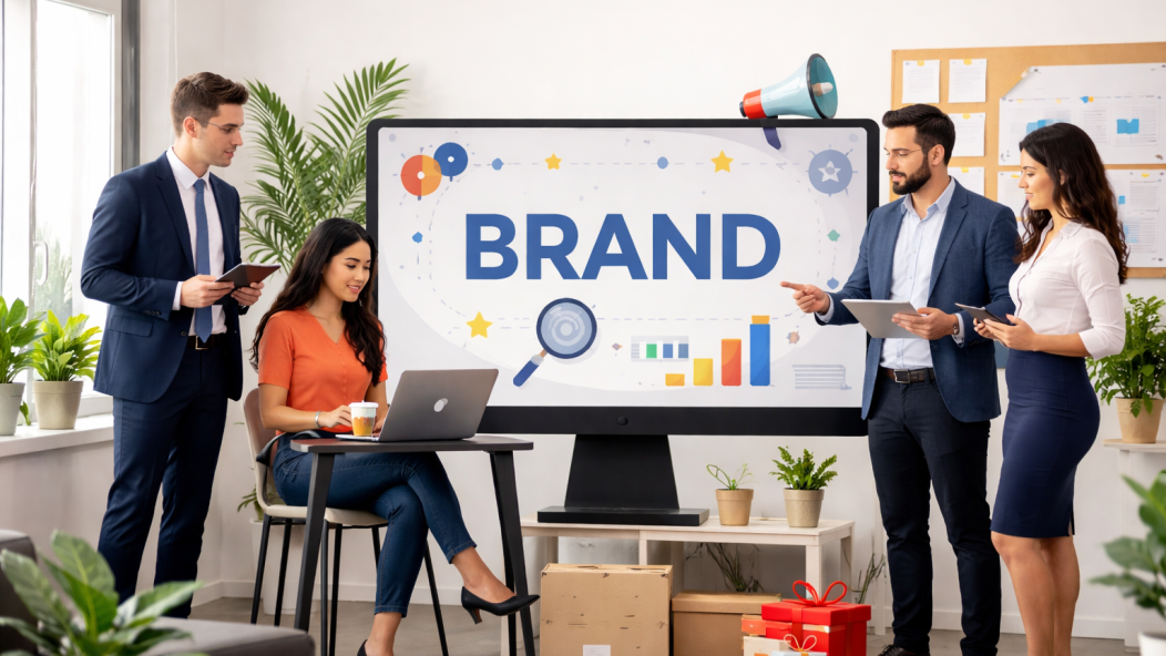 Business team discussing brand management strategy in modern office