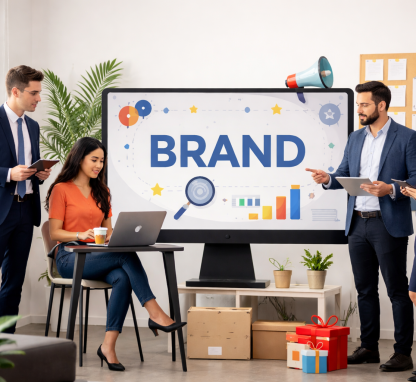 Business team discussing brand management strategy in modern office