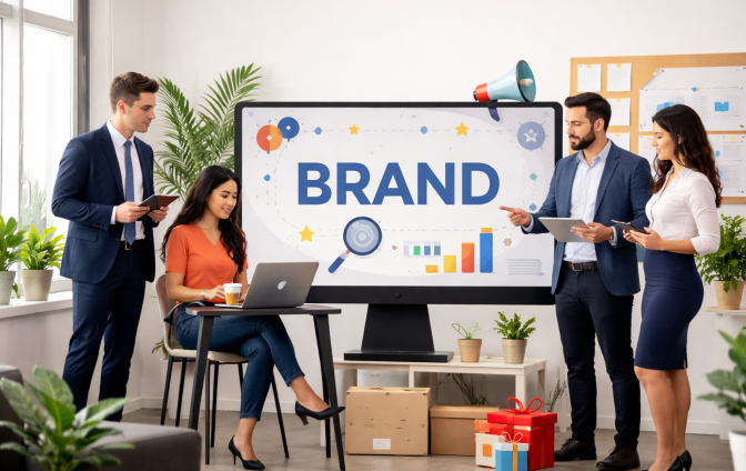 Business team discussing brand management strategy in modern office