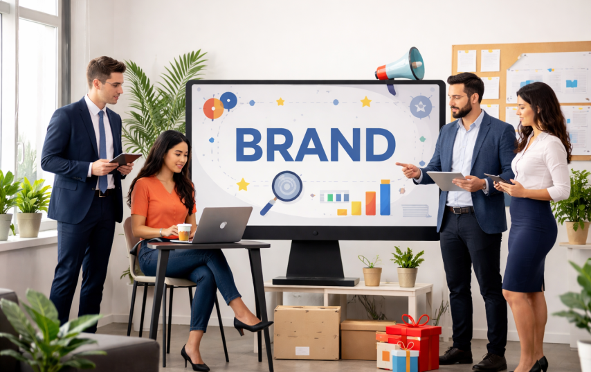 Business team discussing brand management strategy in modern office